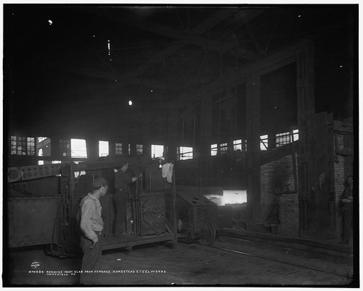 Removing ingot slab from furnace, Homestead Steel Works, Homestead, Pa.