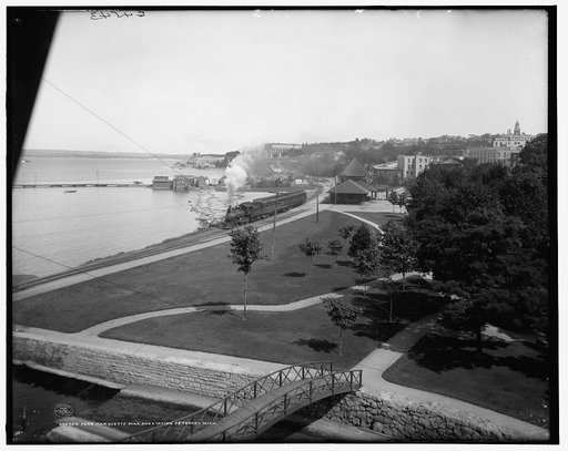 Pere Marquette [i.e. Railroad] Park and station, Petoskey, Mich.
