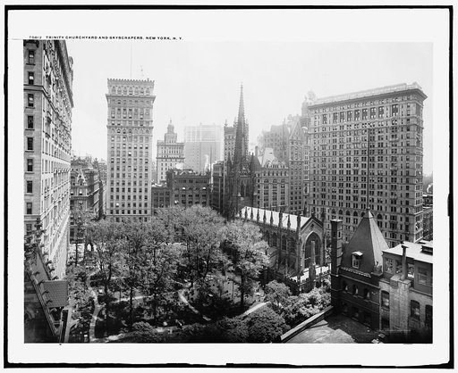 Trinity churchyard and skyscrapers, New York, N.Y.