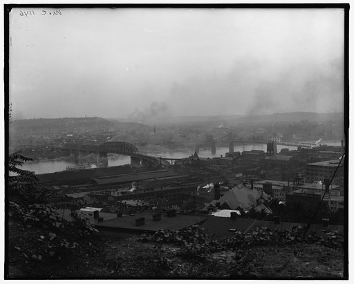 View from Mount Adams, showing Ohio River, L. & N. Ry. bridge & S.R.R. bridge, Cincinnati, Ohio