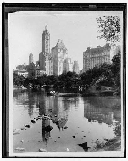 Hotels from lake in Central Park, New York, N.Y.