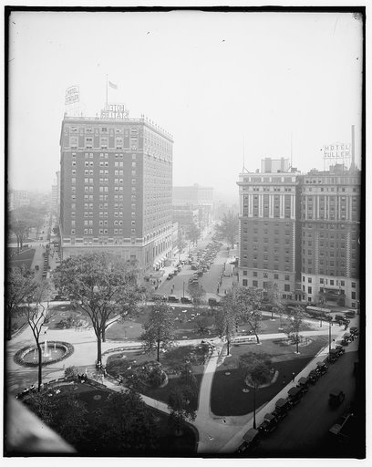 Grand Circus Park, looking toward Washington Blvd. and Hotel Statler, Detroit. Mich.