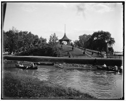 Canoes on stream or canal, possibly at Belle Isle Park, Detroit