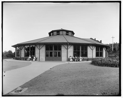 Circular building, possibly a pavilion, in a park in New York State
