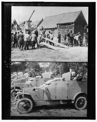 Soldiers unloading armored car in village ; Row of armored cars
