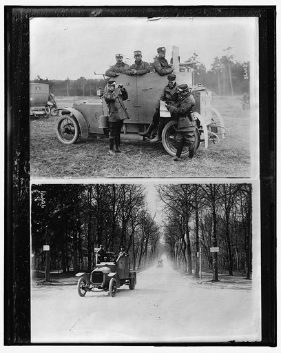 Soldiers looking at map by armored car ; Armored cars on road, probably in France