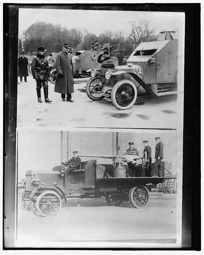 Officer reviewing line of armored tanks ; Artillery truck
