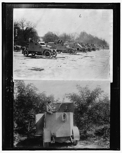 Row of armored cars ; Soldier with weapon in armored car