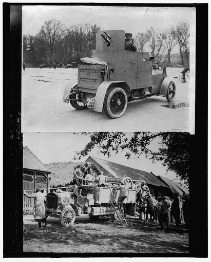 Armored car ; Soldiers unloading equipment from truck