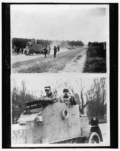 Armored cars on maneuvers ; Two soldiers in armored car