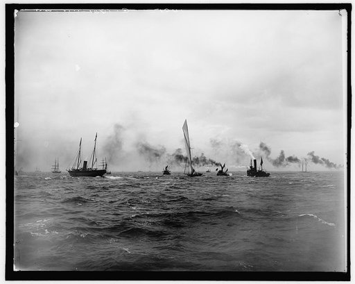 Fleet of boats, possibly part of America's Cup races