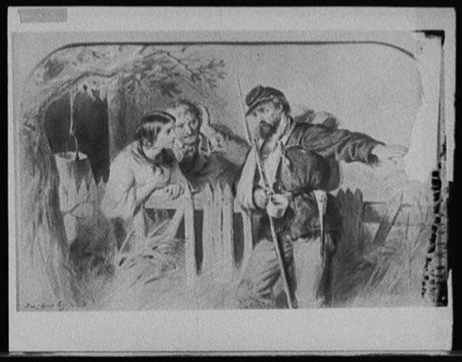 Wounded soldier telling story to young woman and older man