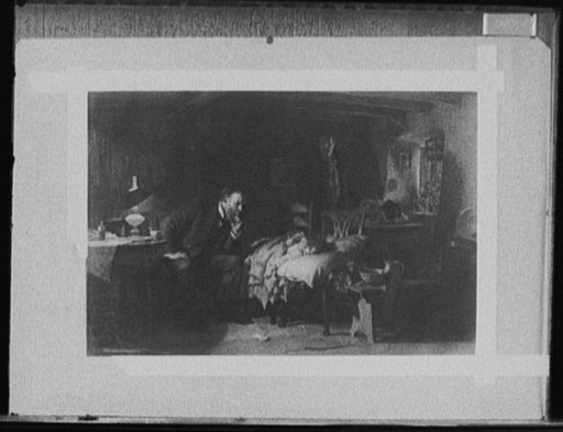 Man, possibly physician, watching sick child while woman weeps and another man looks on