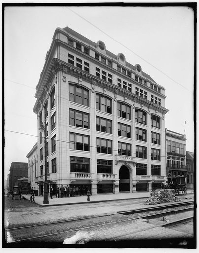 Journal Building and street railroad construction, possibly Detroit, Michigan