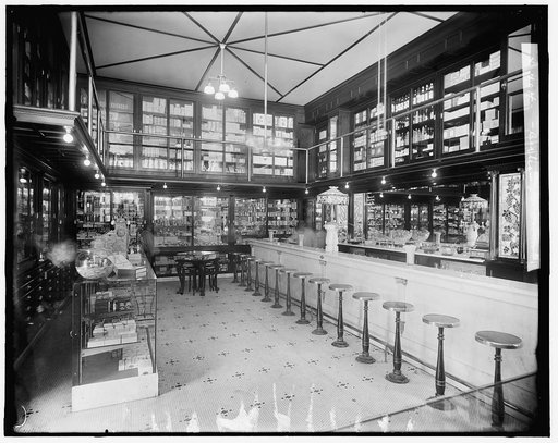 Drug store with soda fountain, possibly in Detroit, Michigan