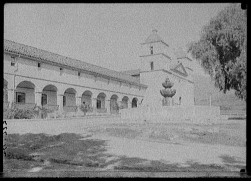 Santa Barbara mission with fountain, Calif.