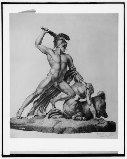 Nude warrior with helmet battling centaur