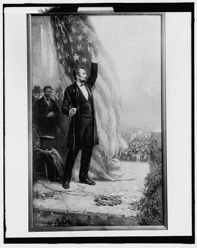 Abraham Lincoln raising flag and speaking to crowd from platform