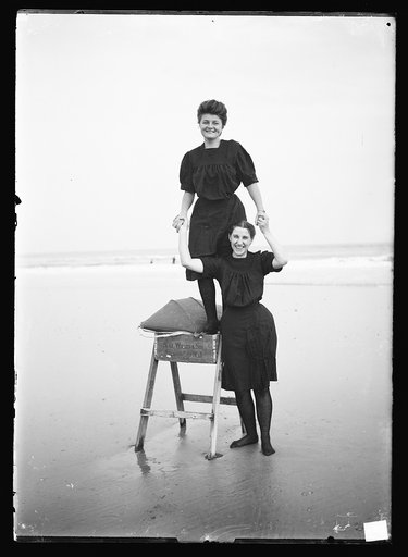 Bathing beauties playing on sawhorse, Atlantic City, N.J.