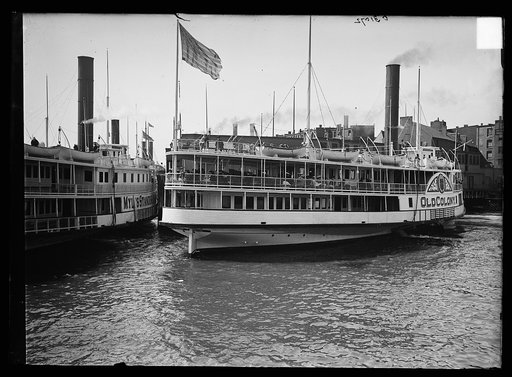 Myles Standish and Old Colony, side wheelers, at dock, possibly Massachusetts