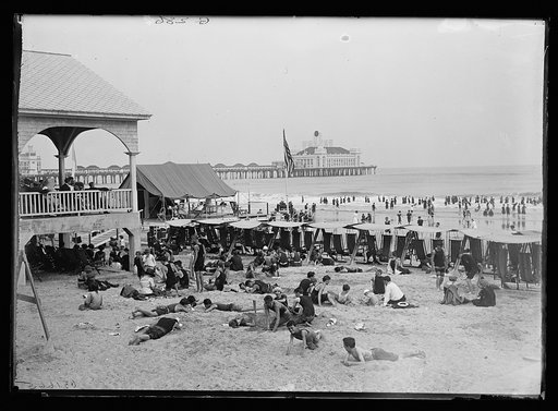 Crowded beach with cabanas, Atlantic City, N.J.