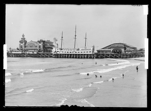 View of the Abbot Kinney Pier showing the auditorium, Ship Cafe, and dance hall in Venice, California