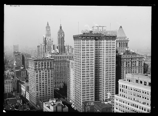 Skyscrapers, looking north towards towers of Woolworth Building and Singer Building, Manhattan, New York, N.Y.