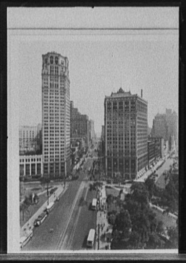 Madison Theatre, office building, David Whitney Building, and street by Grand Circus Park, Detroit