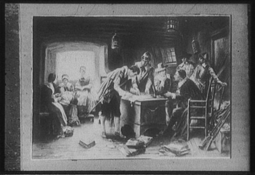 Signing of the compact in the cabin of the Mayflower