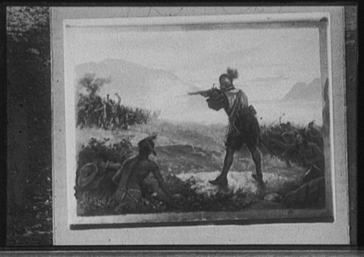 European man in metal helmet firing on Indians while other Indians watch