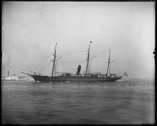 Broadside view of three-masted schooner Niagara, with riverboat Mount Hope in background