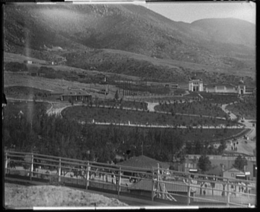 Columbia Gardens amusement park, Butte, Montana, with mountains in background