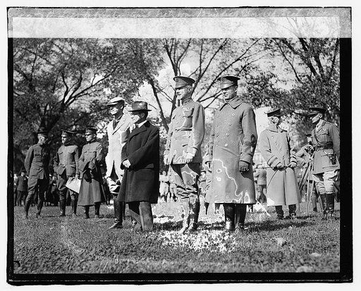 Left to Right: Asst. Secty. War Benedict Crowell, Secty. Baker, General Marsh & Lt. Col. Lent, review of All American Detachment