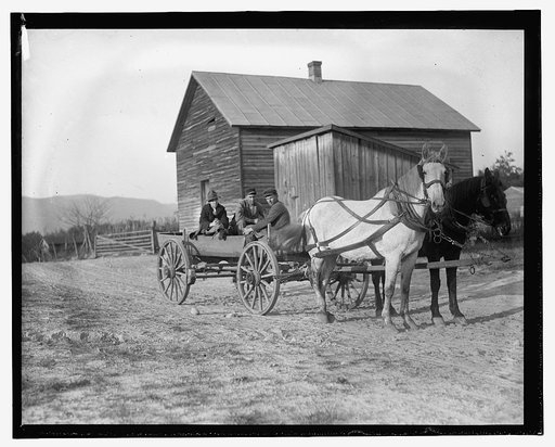 Three people in horse drawn wagon
