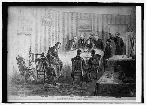 Scene at deathbed of Lincoln from a drawing in Leslie's. The figures are correctly grouped