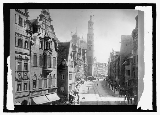 Germany, Augsburg. Kaiolene St. with Perlach Tower