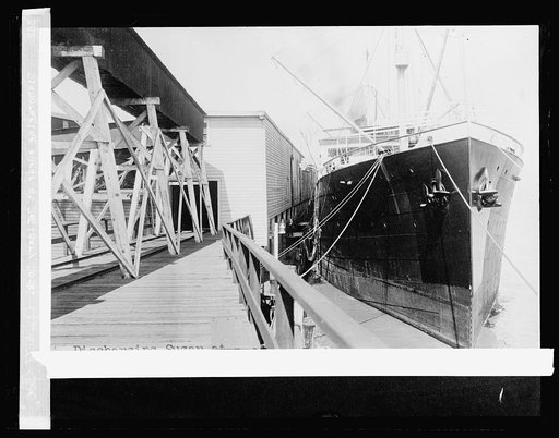Dishcraging [Discharging?] sugar at Refinery Dock, Crockett, Cal.
