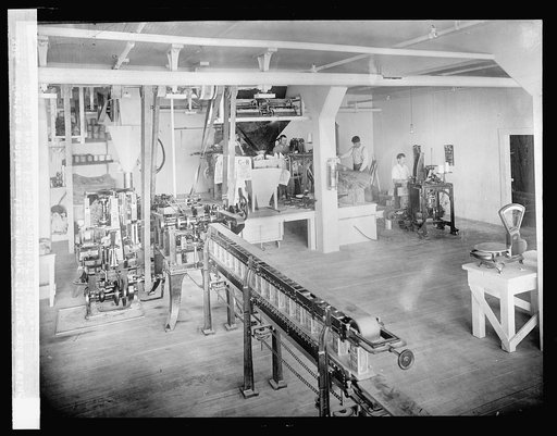 Carton Machine. Also showing filling and sewing 25 lb. sacks in background of picture