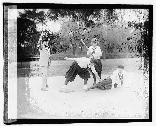 Catcher Lucile Boyd at bat Francis Bloomer sliding Gertrude Cherry