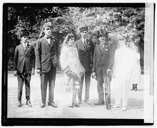 Princess Fatima of Afghanistan with her three sons, eldest is second from left; with second from right, Prince Zerdechene of Millan, and right, Stanley Clifford Weyman, a dedicated imposter, during a visit to Washington, D.C.], 7/25/21