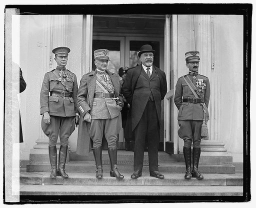 Col. Mervyn Buckey, General Diaz, Ambassador Ricci, and Marquis de Bernezzo, Military Attache of the Italian Embassy, call at the White House when Gen. Diaz bids President Harding farewell, 12/7/21