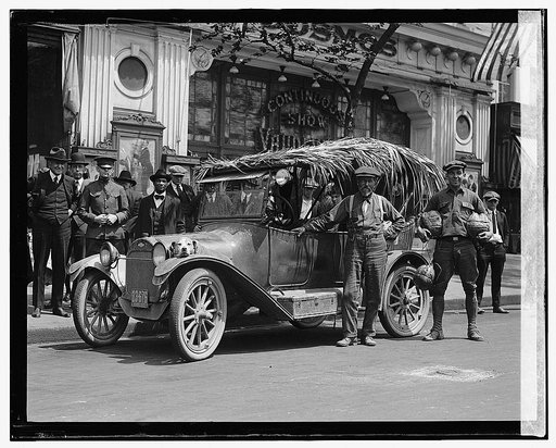 Something new in Auto tops. George R. Wharff of Old Orchard Beach, Maine, and Joseph Fossard returning from Florida. When they lost their top, they thatched it with palm leaves which seem to answer every purpose. Gyp, their companion on the trip, has traveled 10,000 miles on the front fender as show