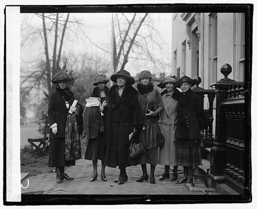 Prominent women at equal rights conference at Woman's Party. L to R: Mrs. Agnes Morey, Brookline, Mass.; Miss Katherine Morey, Brookline, Mass. & State Chairman of the Woman's Party; Elsie Hill, Norwalk, Conn.; Mary Dean Powell, D.C.; Emma Wold, Portland, Oregon; Mabel Vernon, Wilmington, Del., [11/