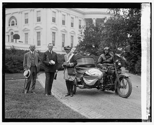 President Coolidge, sidecar motorcycle, in front of White House], 6/6/24