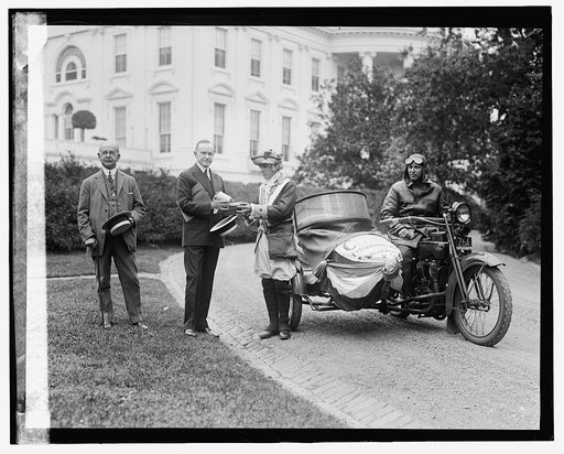 President Coolidge, sidecar motorcycle, in front of White House, 6/6/24