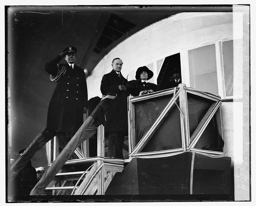 Mrs. Coolidge christening "Los Angeles" with Pres. Coolidge and Capt. Andrews, 11/25/24