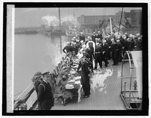Debs enrolling officers & crew of Mayflower in Red Cross, 11/5/25