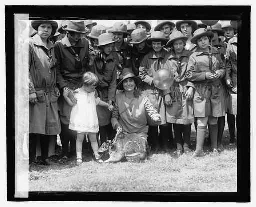 Mrs. Coolidge & raccoon [Rebecca], Easter egg rolling, 1927