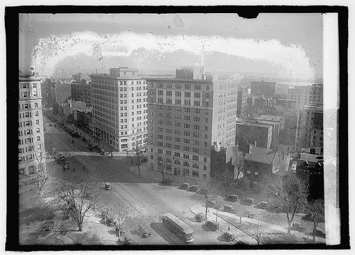 Powhatan Hotel, left, and the Hurley-Wright building, right, which housed the Railroad Commission, among other agencies, at the intersection of 18th Street, Pennsylvania Ave., and H. Street, N.W., Washington, D.C.