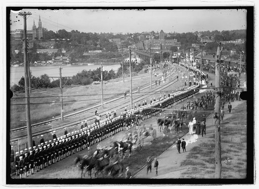 Military funeral, procession crossing aqueduct bridge, Wash., D.C.